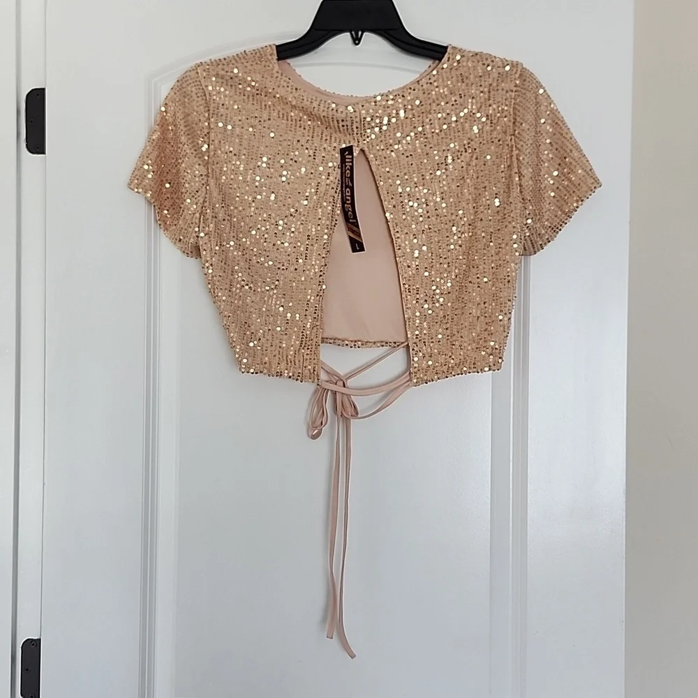 NWT GOLD EMBELLISHED SEQUINED CROP TOP OPEN TIE BACK LARGE - Picture 4 of 10